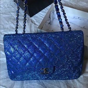Authentic Iridescent Blue Chanel Jumbo Sin…